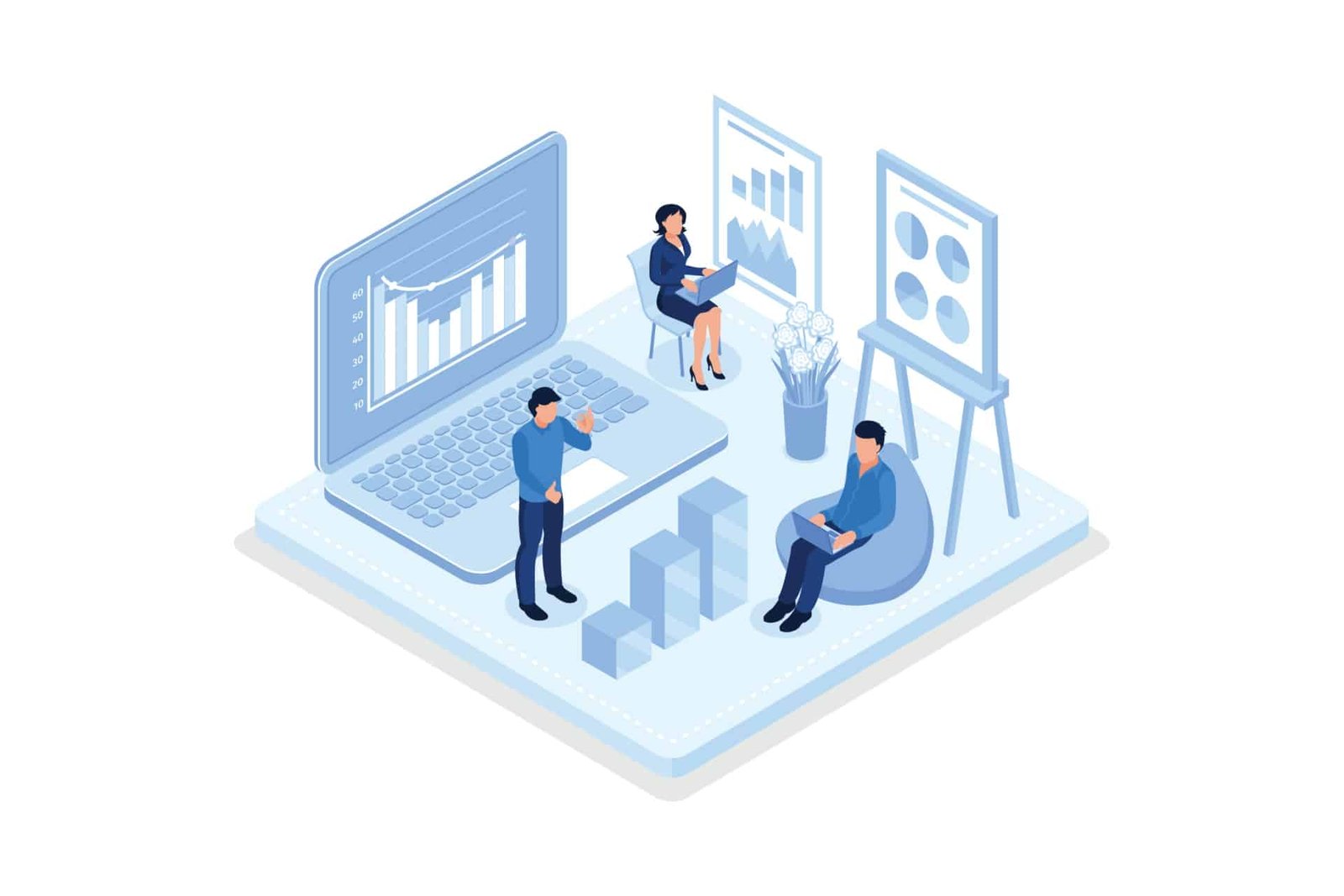Characters analyzing stock market data and planning investment strategy. People examining financial graphs, charts and diagrams. Stock trading concept, isometric vector modern illustration